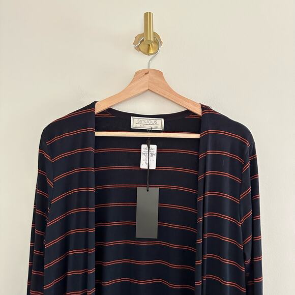 Sinuous Striped Open Front Side Slit Duster Cardigan Blue/Red S - Picture 2 of 9